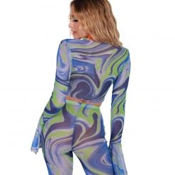 Hot & Delicious Black Bead Blue Blossom Tie-Front Long Sleeve Top