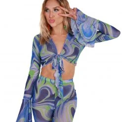 Hot & Delicious Black Bead Blue Blossom Tie-Front Long Sleeve Top