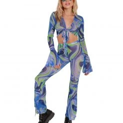 Hot & Delicious Black Bead Blue Blossom Tie-Front Long Sleeve Top