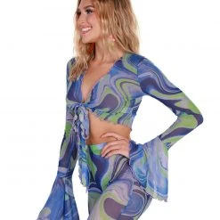 Hot & Delicious Black Bead Blue Blossom Tie-Front Long Sleeve Top