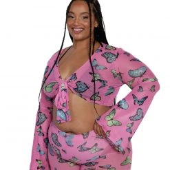 Cherry Mellow, Inc. Tops Butterfly Groove Mesh Front Tie Crop Top