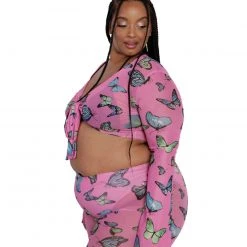 Cherry Mellow, Inc. Tops Butterfly Groove Mesh Front Tie Crop Top