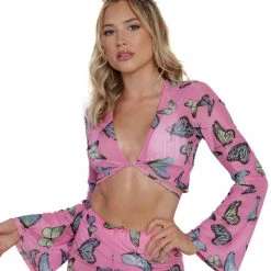 Cherry Mellow, Inc. Tops Butterfly Groove Mesh Front Tie Crop Top