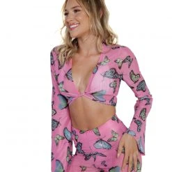 Cherry Mellow, Inc. Tops Butterfly Groove Mesh Front Tie Crop Top