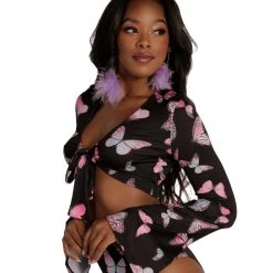 Cherry Mellow, Inc. Clothing Cloudy Butterfly Dreamz Tie-Front Long Sleeve Top