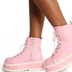 Demonia Life In Pink Holo Lace-Up Platform Boots New Arrivals