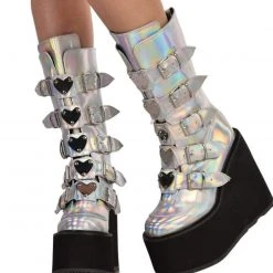 Demonia Silver Hologram Vegan Leather Boots