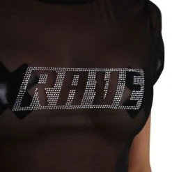 Clara Story Rave, Rave, Repeat Rhinestone Mesh Crop Top