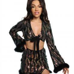 IHeartRaves Sequin Long Sleeve Tie Front Top And Skirt Set