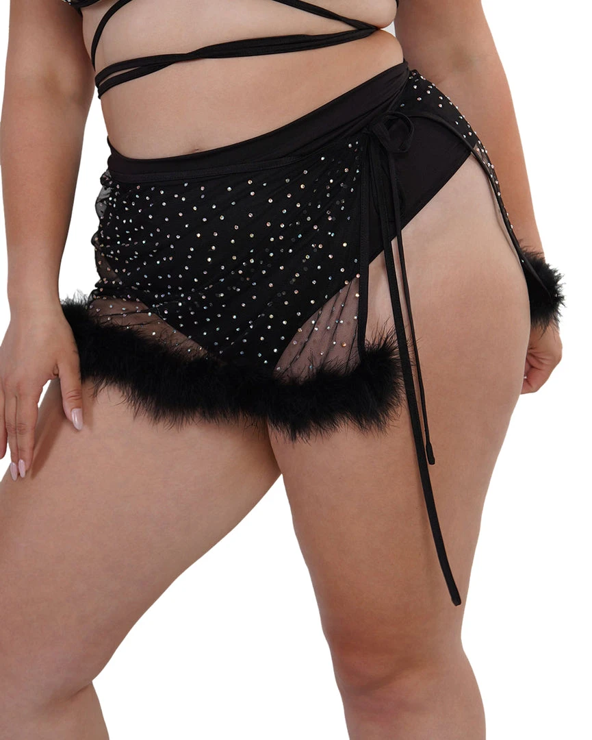 OhYes Midnight Sparkle Rhinestone Marabou Side Tie Mini Skirt Bottoms