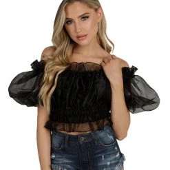 Hot & Delicious Black Bead Spoiled AF Ruffle Crop Top Tops